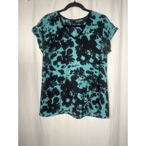 Worthington Women's Size Large Teal Black‎ Floral V-Neck Light Weight Top LL3